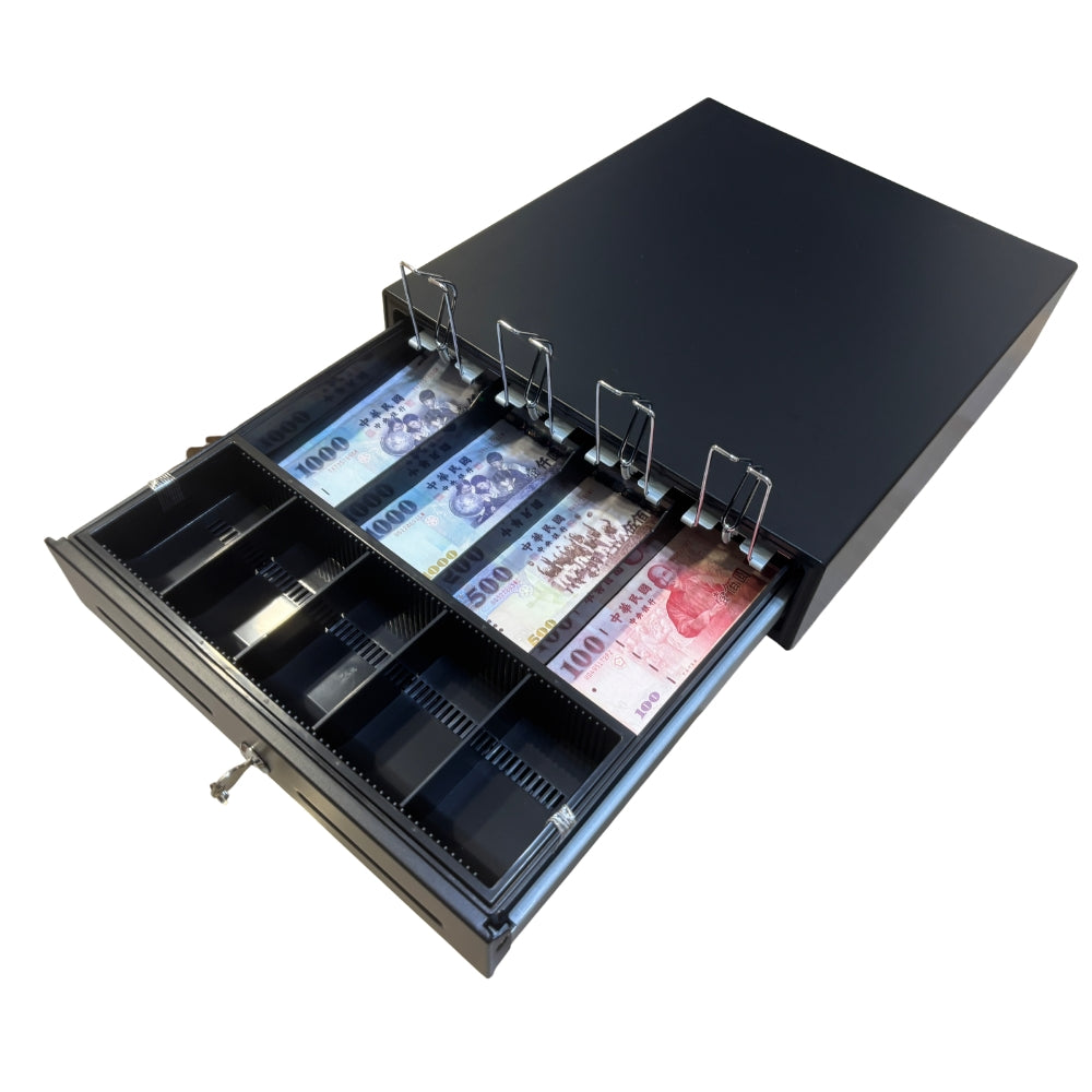 祥興旗艦款收銀錢箱PRO 有鈴聲 四鈔格 收銀機 免電力 金庫 手動按鈕式 /POS機用可分離鐵底盤 祥興錢箱