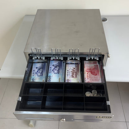 祥興旗艦款收銀錢箱PRO 有鈴聲 四鈔格 收銀機 免電力 金庫 手動按鈕式 /POS機用可分離鐵底盤 祥興錢箱