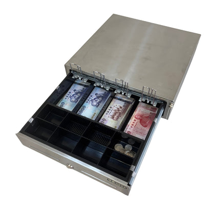 祥興旗艦款收銀錢箱PRO 有鈴聲 四鈔格 收銀機 免電力 金庫 手動按鈕式 /POS機用可分離鐵底盤 祥興錢箱