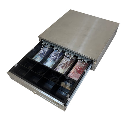 祥興旗艦款收銀錢箱PRO 有鈴聲 四鈔格 收銀機 免電力 金庫 手動按鈕式 /POS機用可分離鐵底盤 祥興錢箱