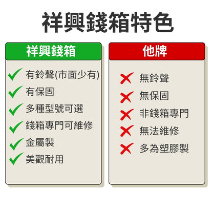 祥興不銹鋼收銀錢箱 有鈴聲 附鑰匙 保險櫃金庫 可外接出單機/POS機 收銀機 免電力 手動按鈕式 型號: 不銹鋼41型 祥興錢箱