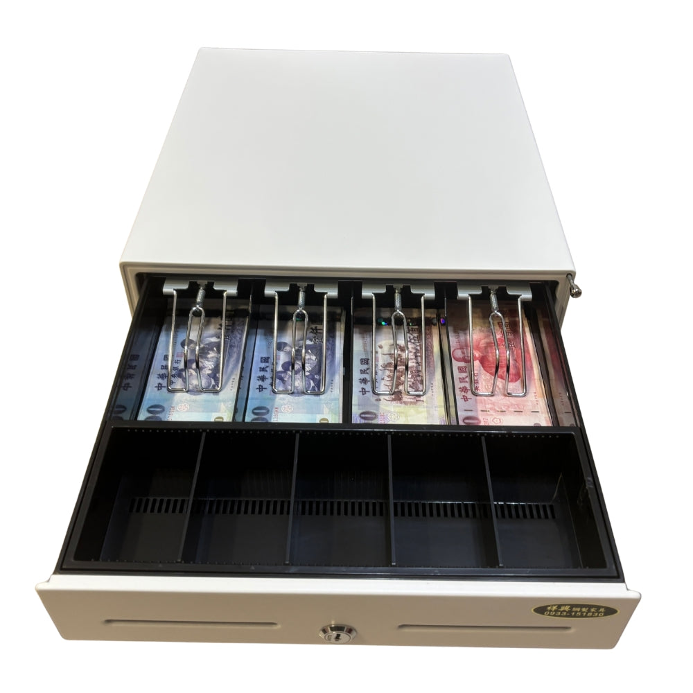 祥興旗艦款收銀錢箱PRO 有鈴聲 四鈔格 收銀機 免電力 金庫 手動按鈕式 /POS機用可分離鐵底盤 祥興錢箱