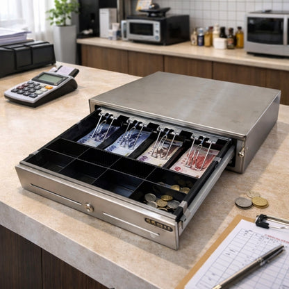 祥興旗艦款收銀錢箱PRO 有鈴聲 四鈔格 收銀機 免電力 金庫 手動按鈕式 /POS機用可分離鐵底盤 祥興錢箱